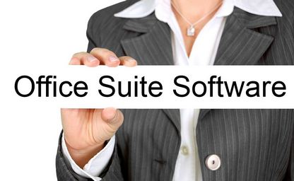 Image of business woman holding sign which reads Office Suite Software